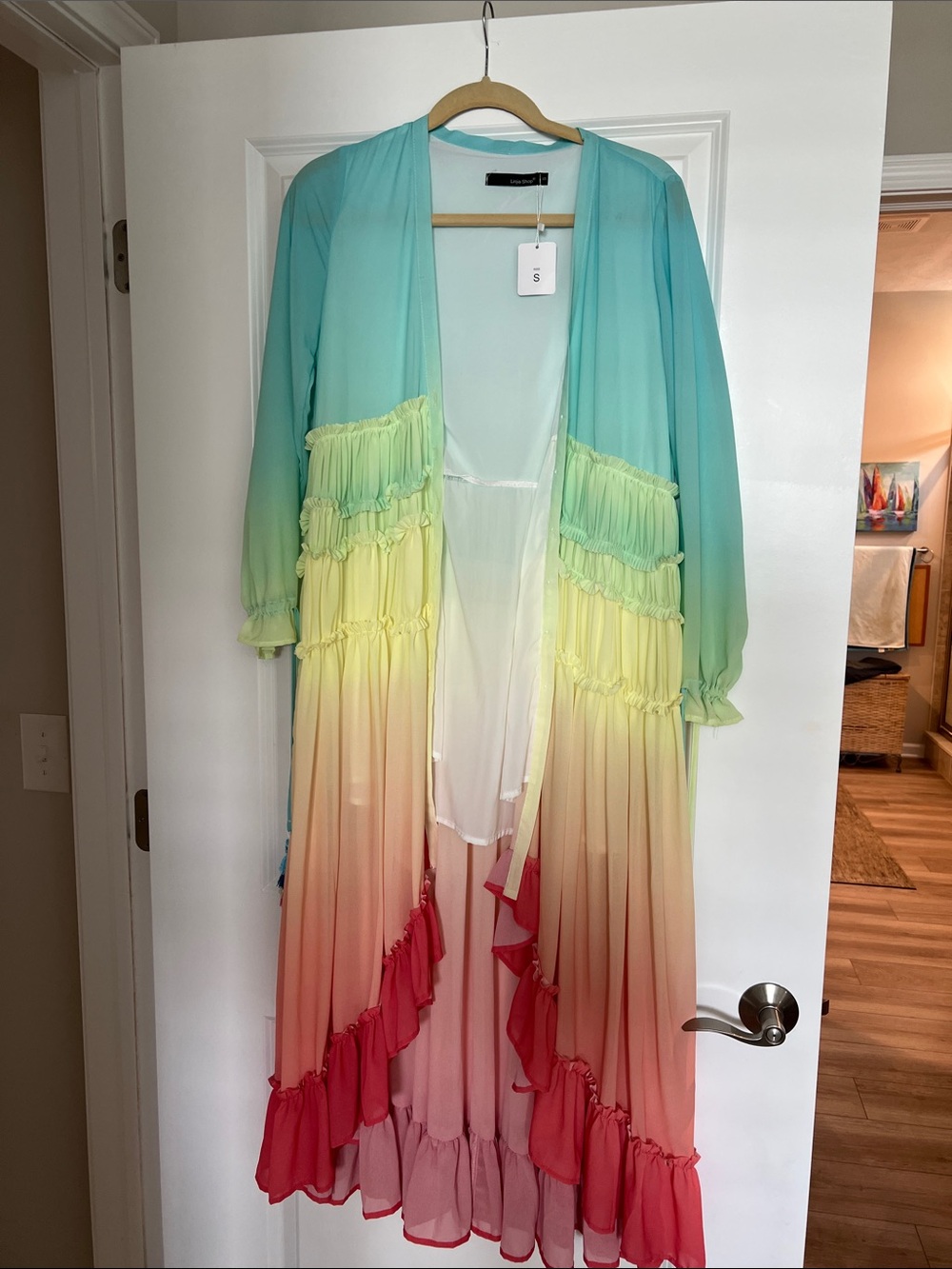 Boho Ombre Ruffle Long Cardigan - Turquoise to Coral